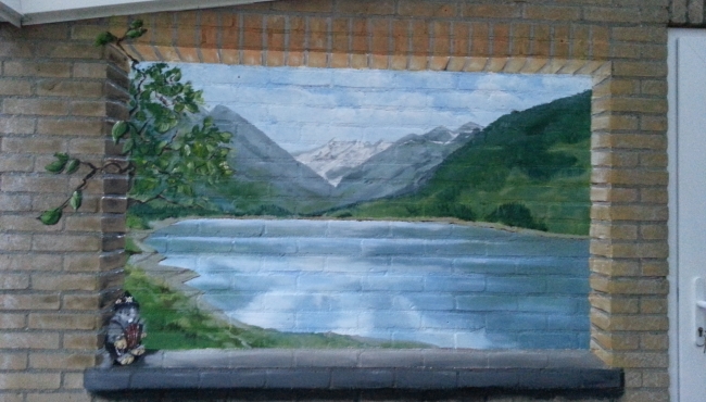 Muurschildering uitzicht in Oostenrijk